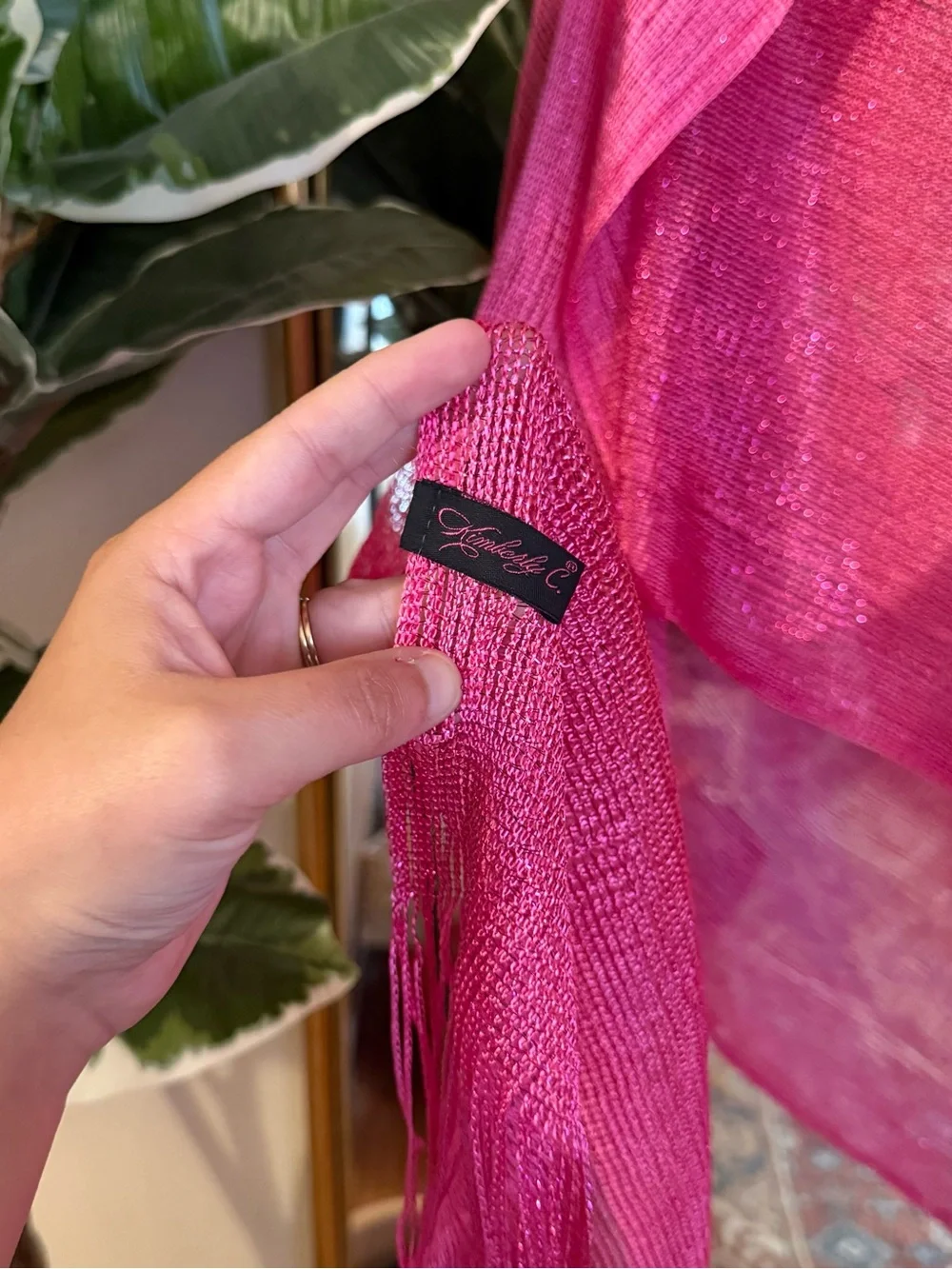 Kimberly C Y2K hot pink metallic fringe scarf